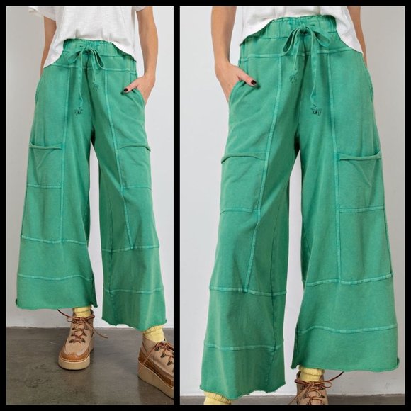 EASEL "Perfect Cargo" Terry Knit Mineral Washed Flared Leg Pants Raw Seams, Hems - Picture 6 of 15